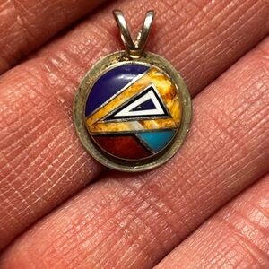 Southwest  Multi Stone Inlay Pendant Signed TINY